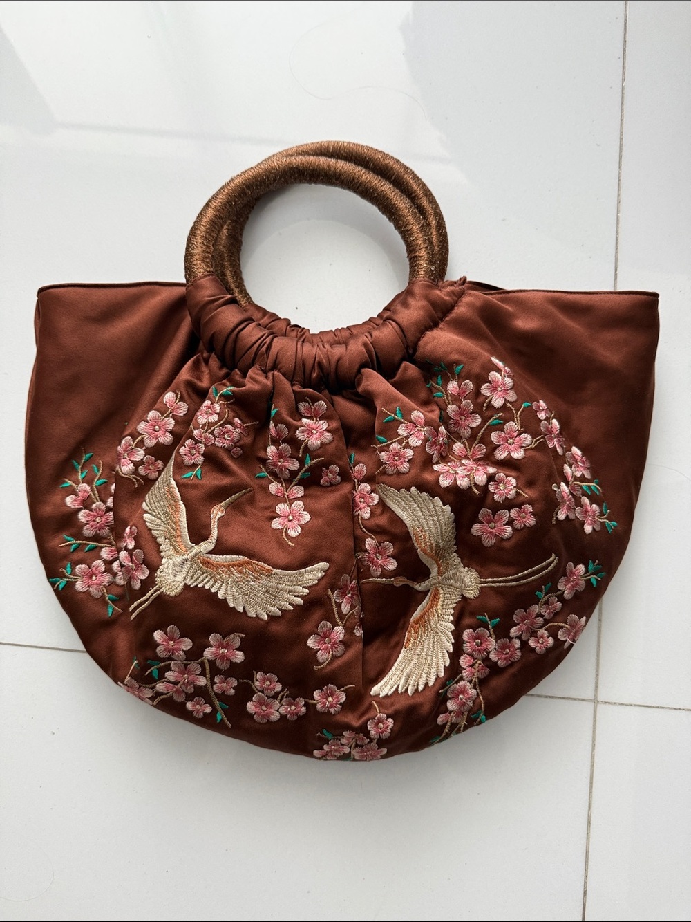 Zara Brown Satin Purse with Crane & Cherry Blossom Embroidery